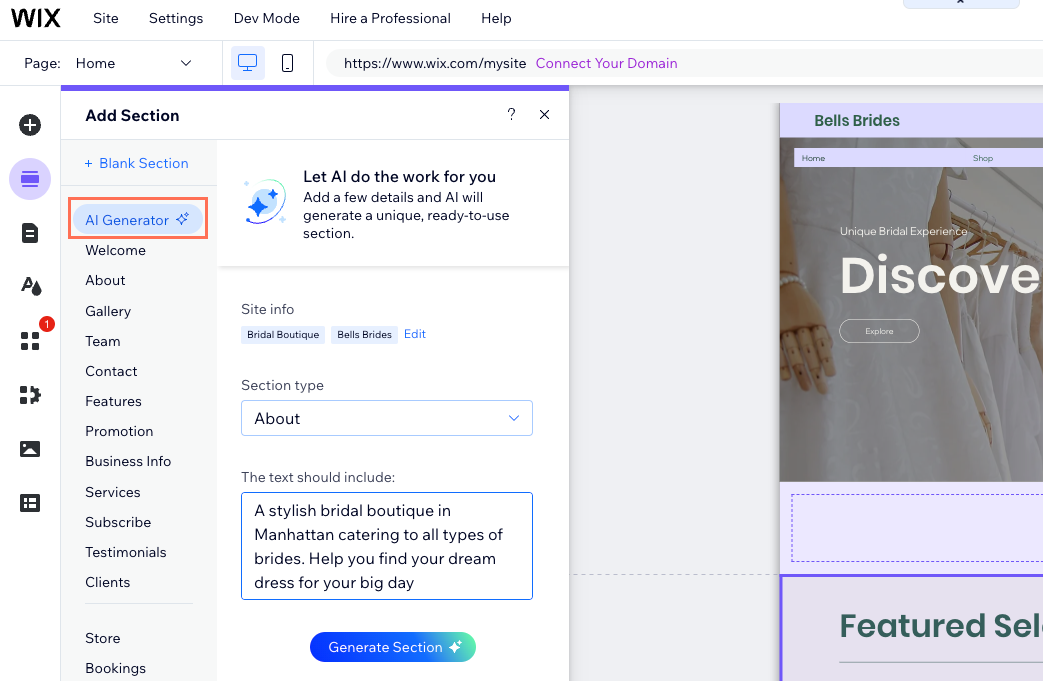 Wix inline AI text rewriting tool