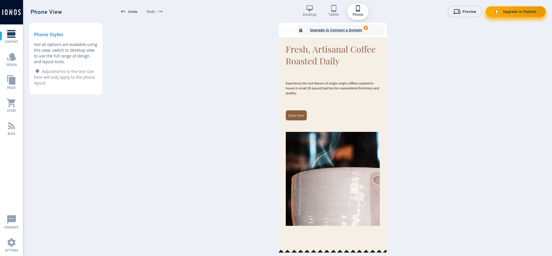IONOS mobile phone view editor note