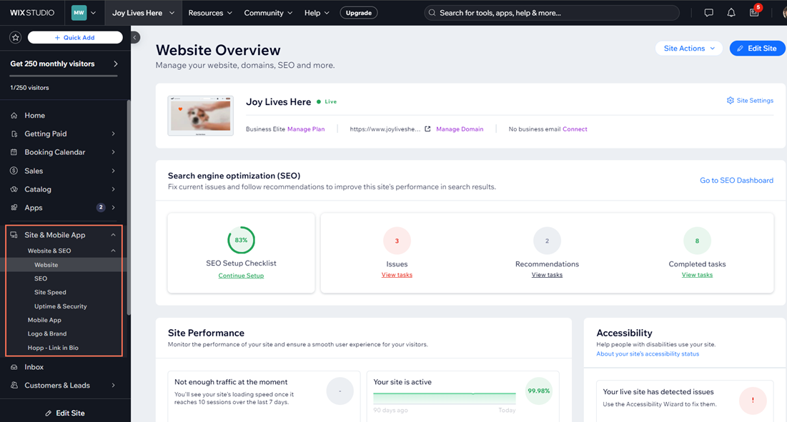 Wix dashboard for orders bookings analytics marketing and site editor