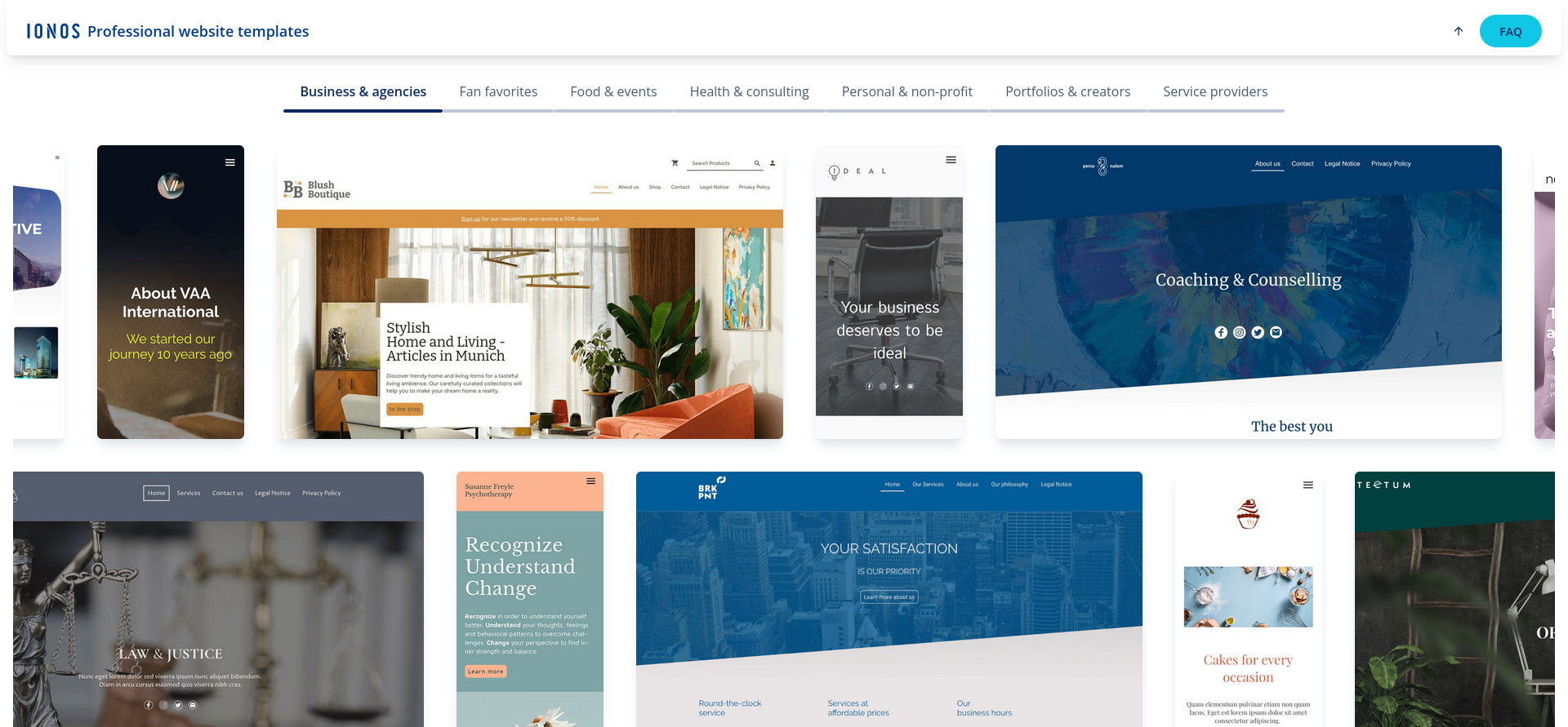 IONOS website template categories