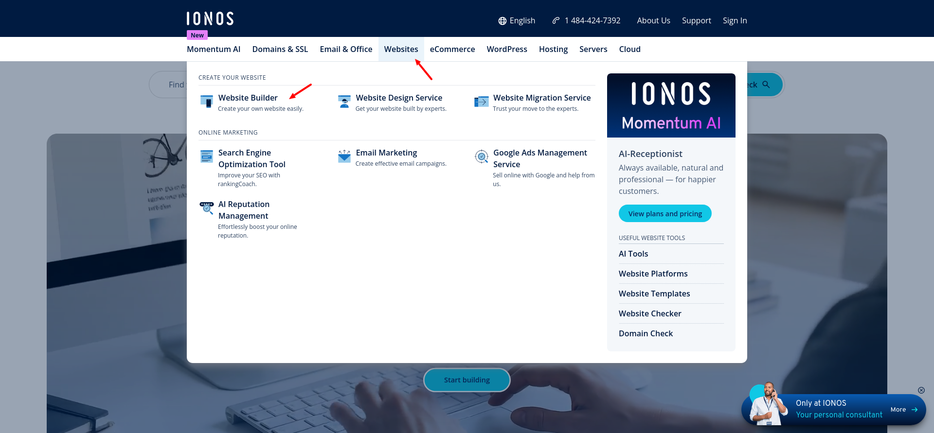 IONOS website builder plans page