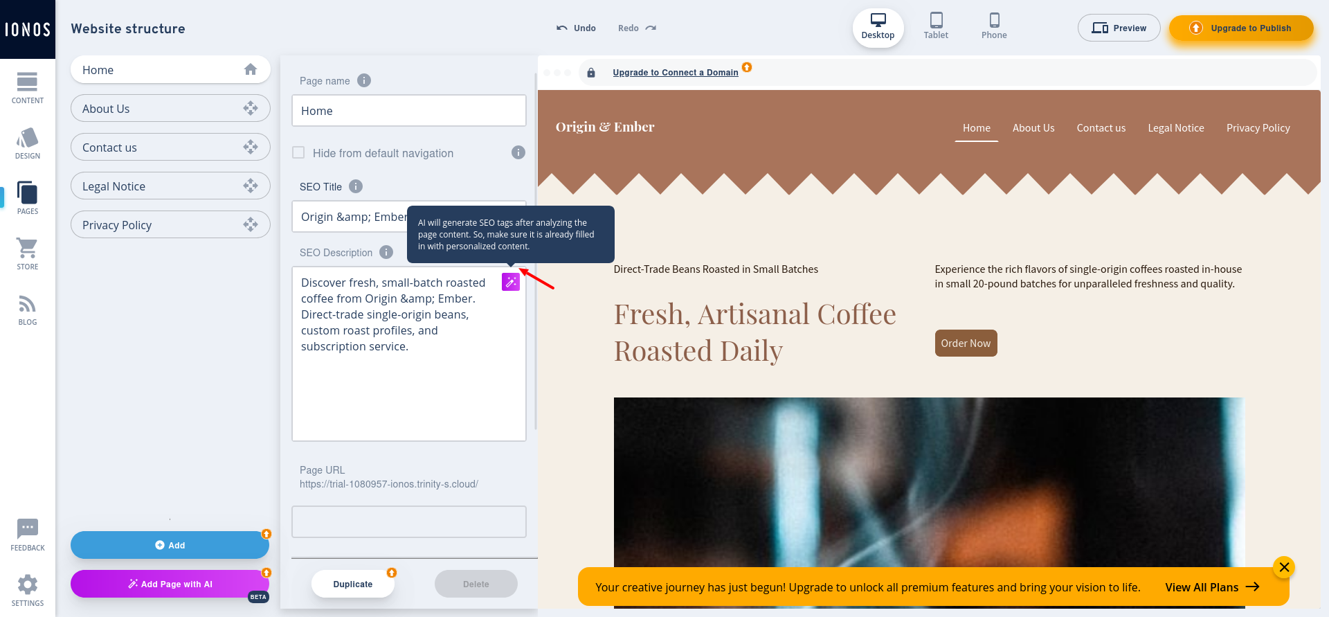 IONOS AI SEO text generator