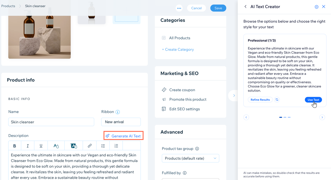 Wix AI SEO Assistant with on-page SEO recommendations