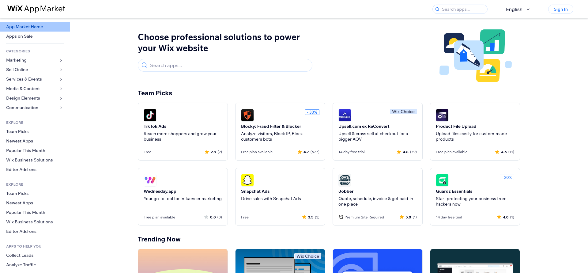 Wix App Market with third-party integrations