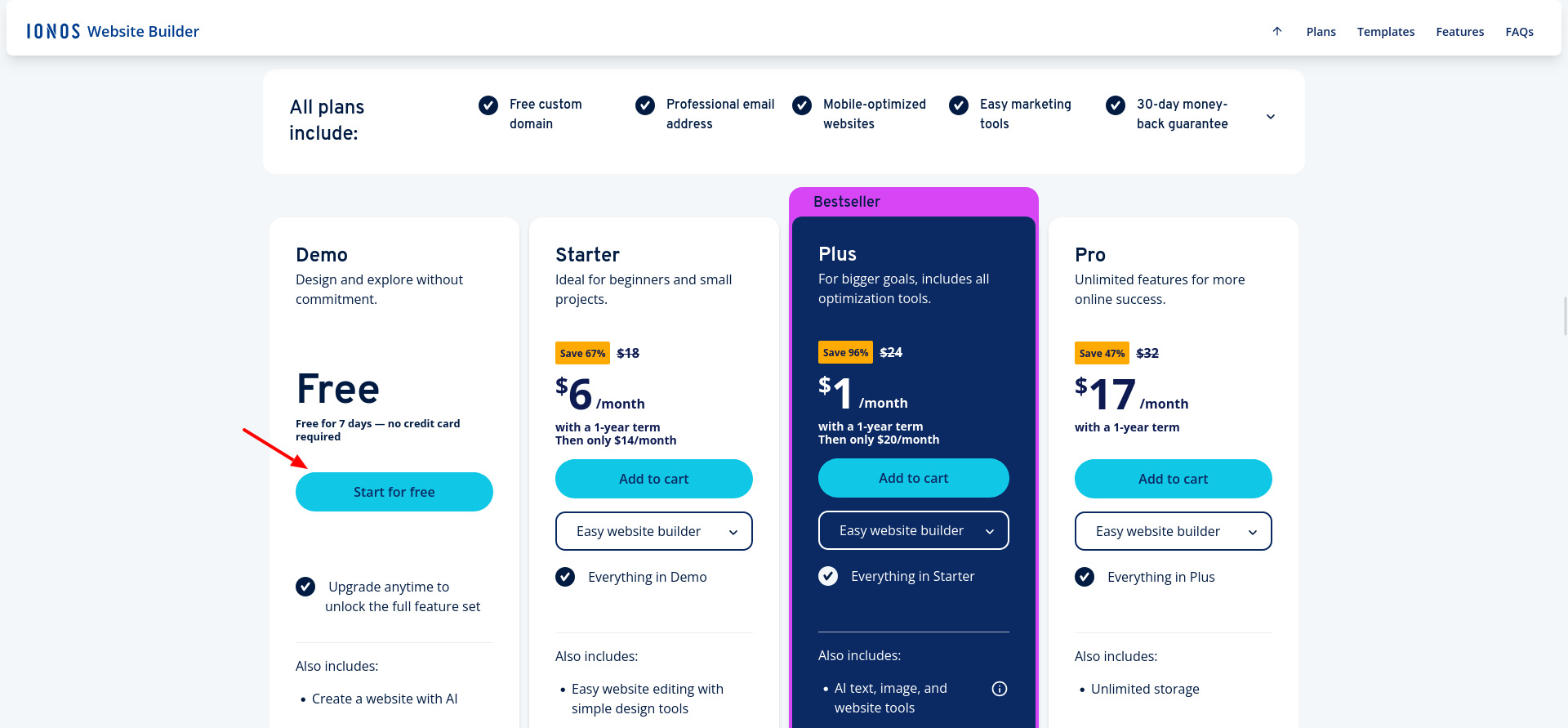 IONOS pricing page showing promotional and renewal rates