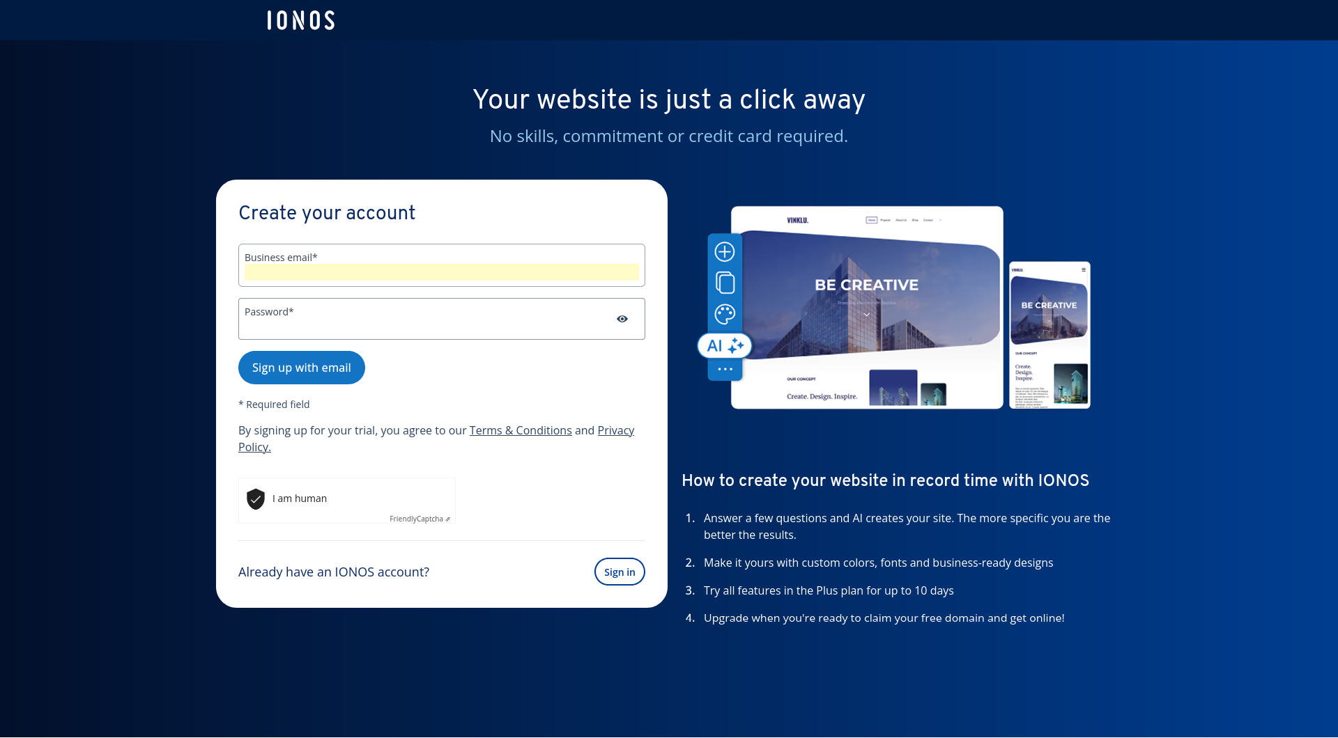 IONOS free demo account creation form