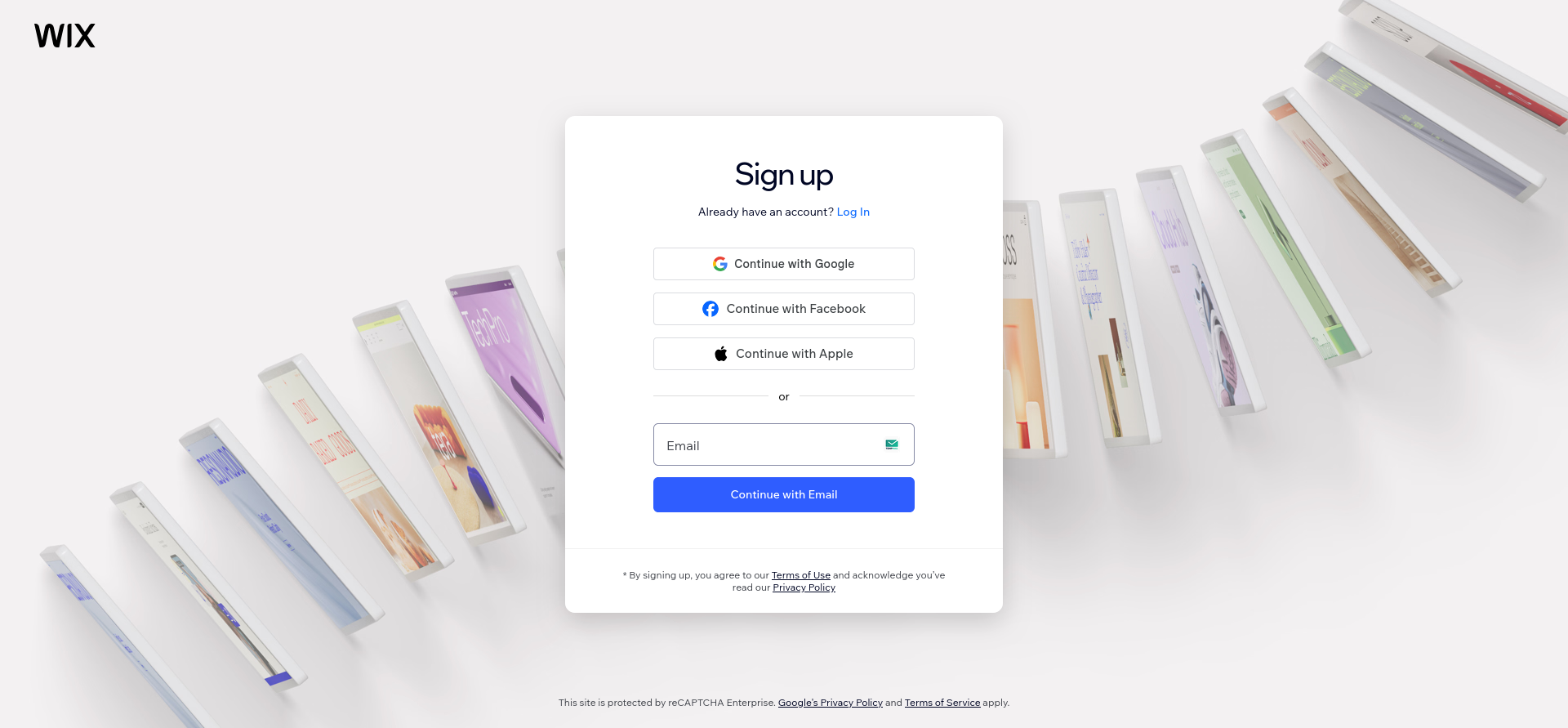 Wix signup screen with email and Google login options