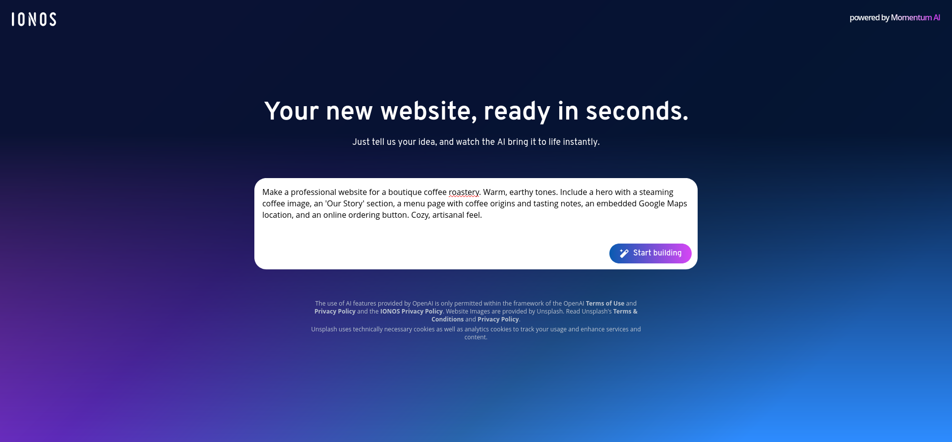 IONOS AI website builder prompt field