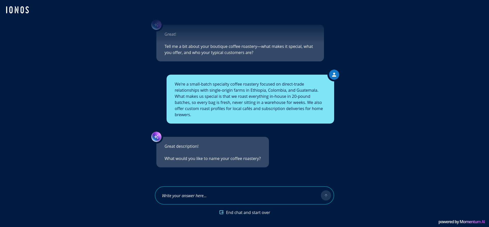 IONOS AI onboarding questions for business details