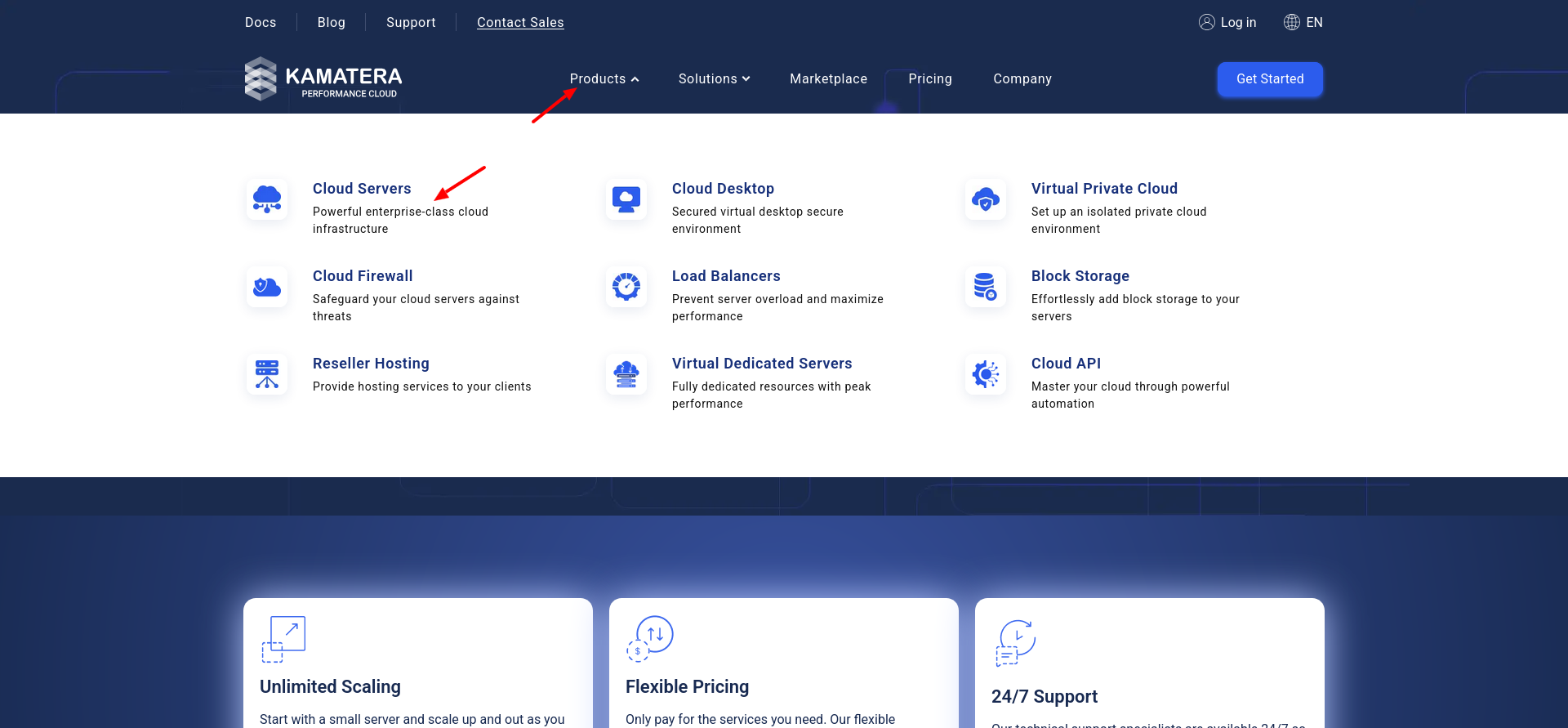 screenshot of Kamatera Products list