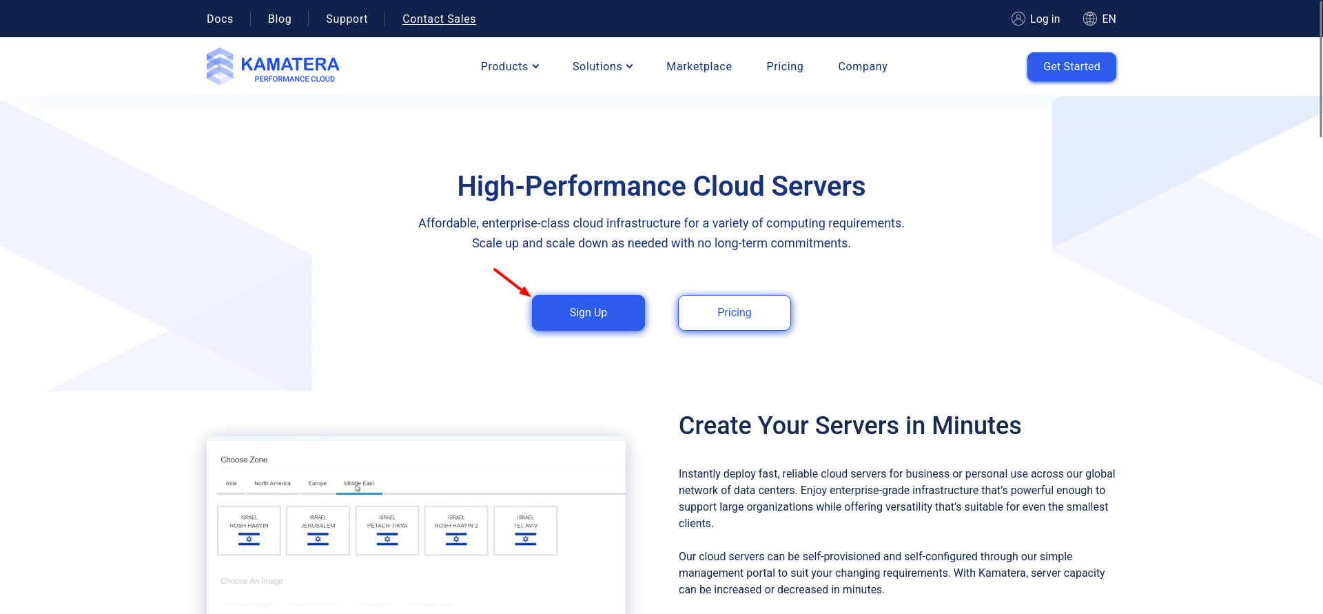 screenshot of Kamatera Sign Up button