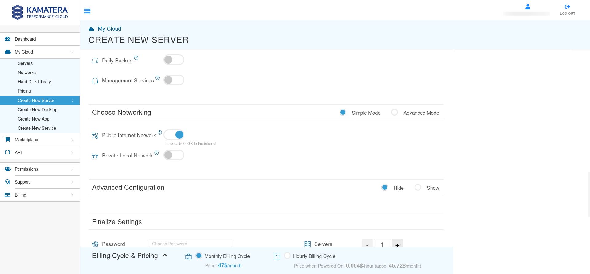 screenshot of Kamatera Create New Server page