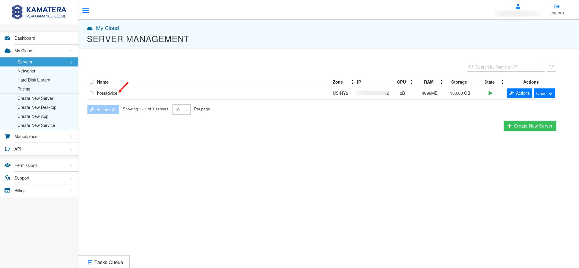 screenshot of Kamatera Server Management page