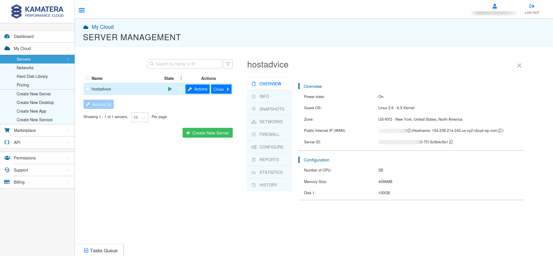 screenshot of Kamatera Server Management page