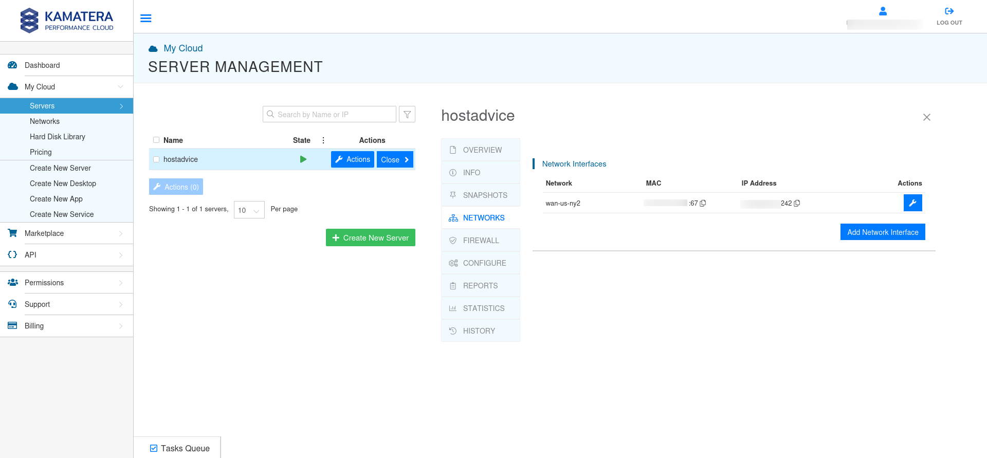 screenshot of Kamatera Server Management page Networks tab