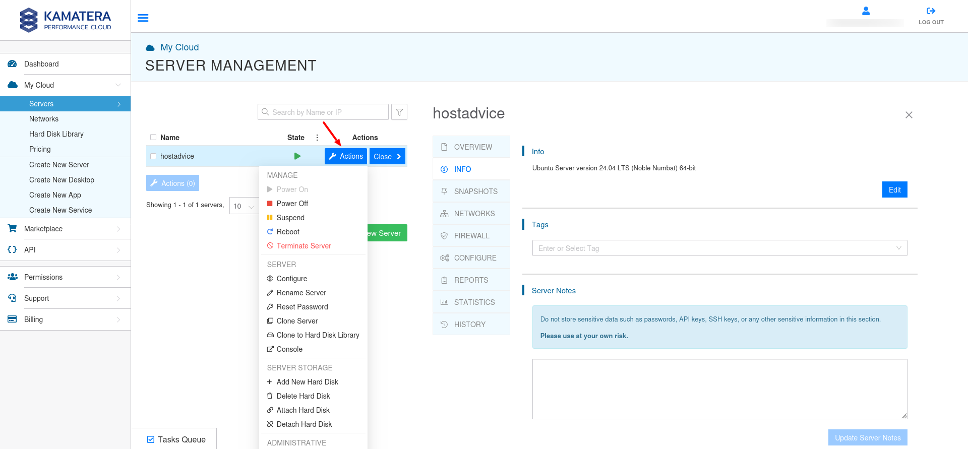 screenshot of Actions dropdown menu