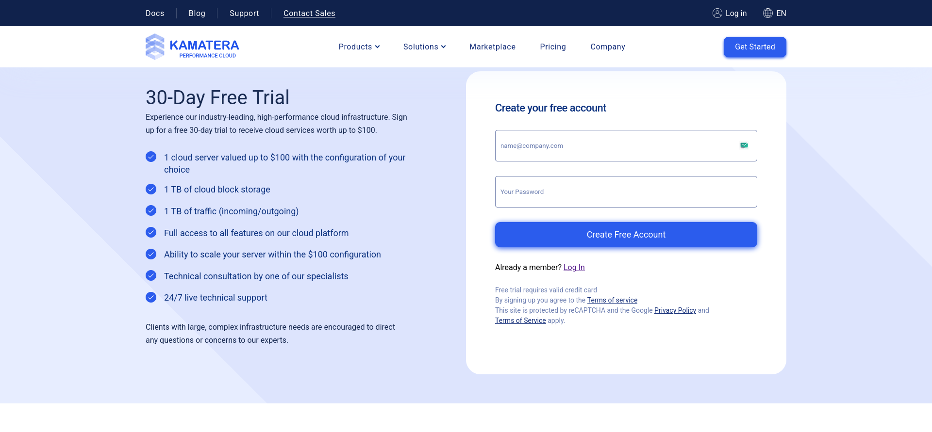 screenshot of Kamatera Sign Up page