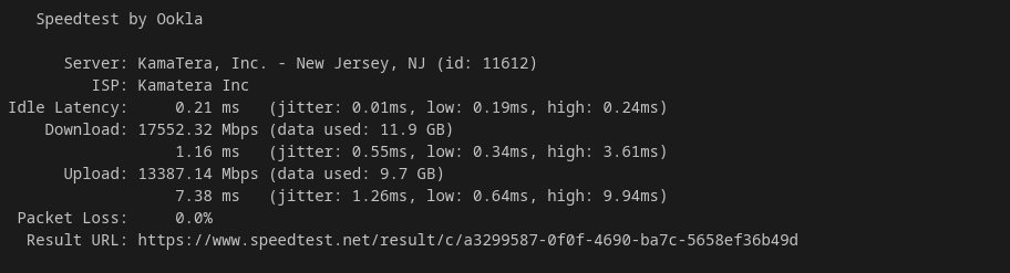 screenshot of Kamatera Network Speed test