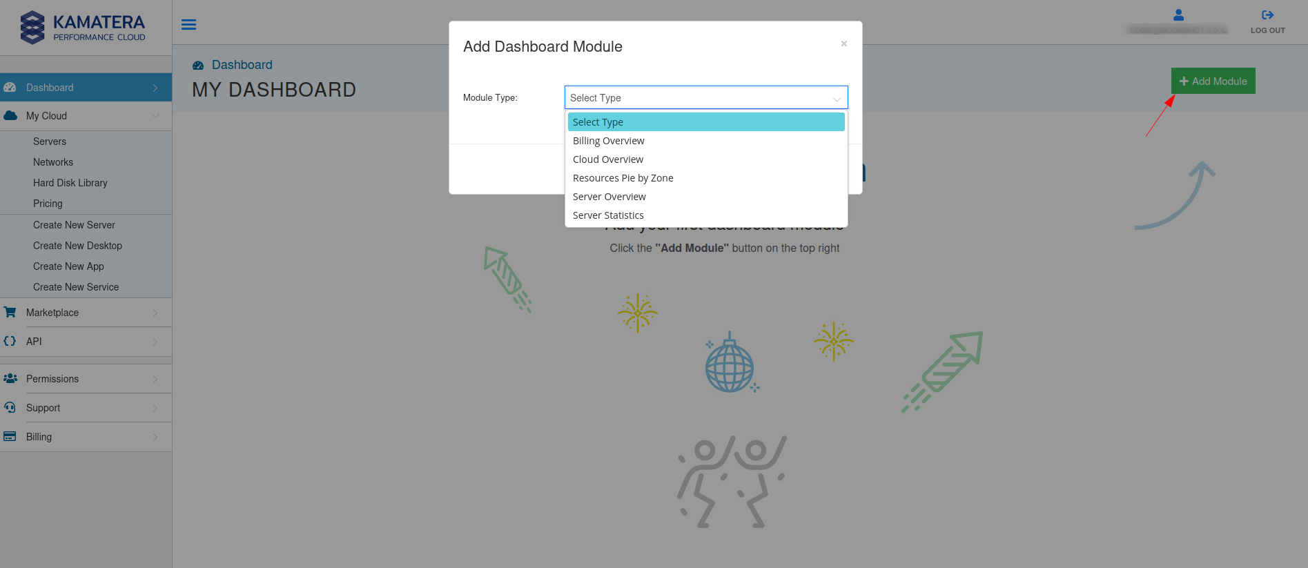 screenshot of Kamatera Dashboard Module types list