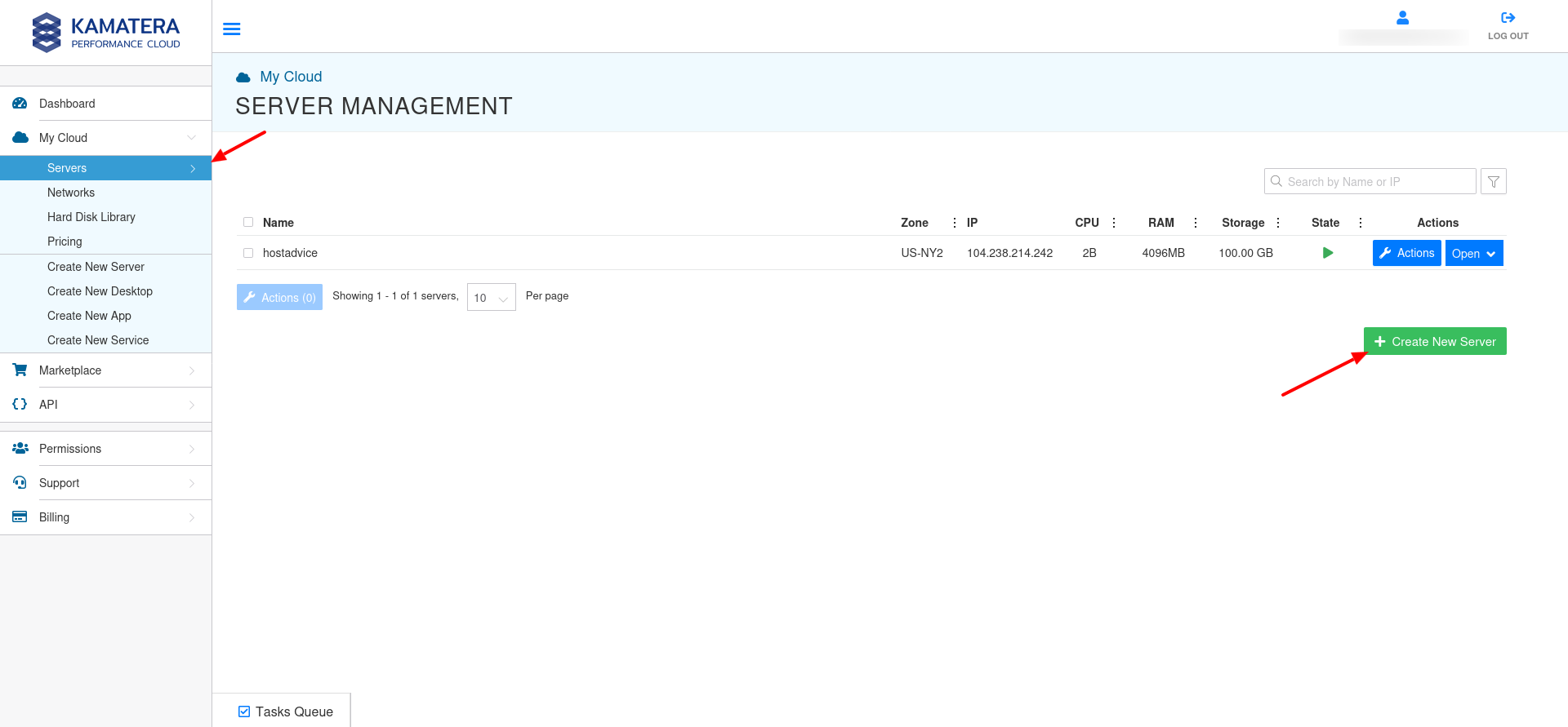 screenshot of Kamatera Server Management page