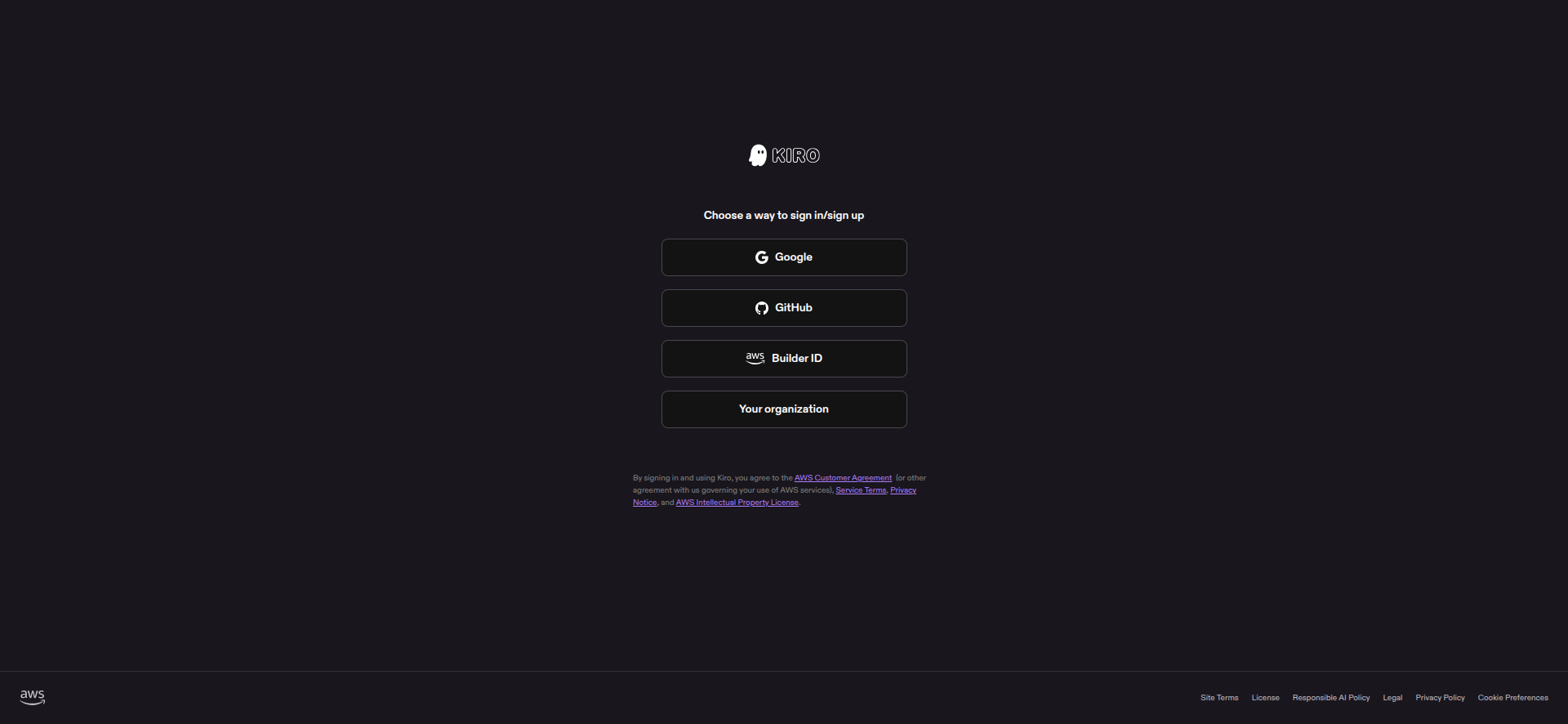screenshot of Kiro Sign Up options