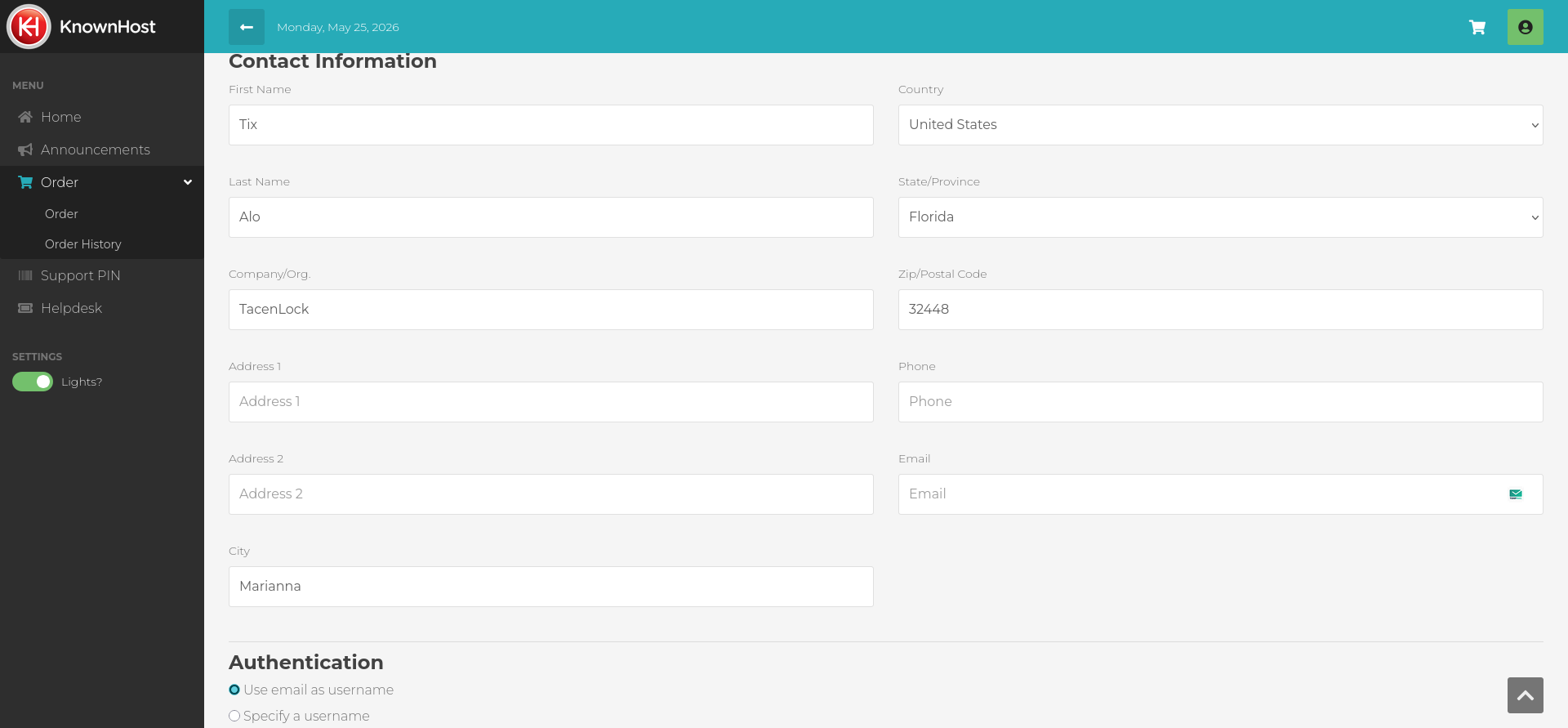 screenshot of KnownHost account settings