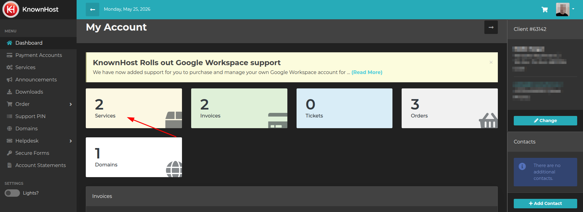 screenshot of KnownHost dashboard Services tab