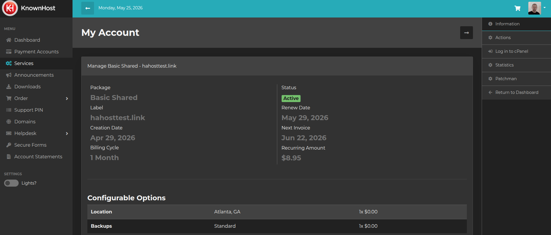 screenshot of KnownHost account settings