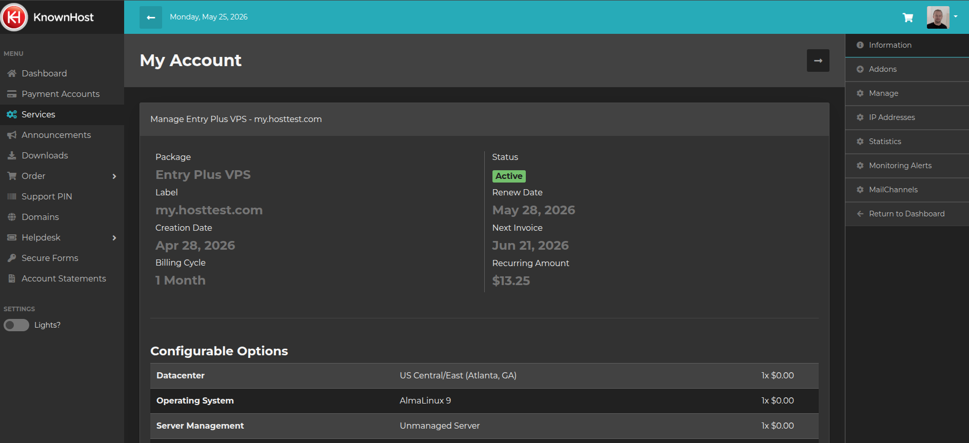 screenshot of Account menu