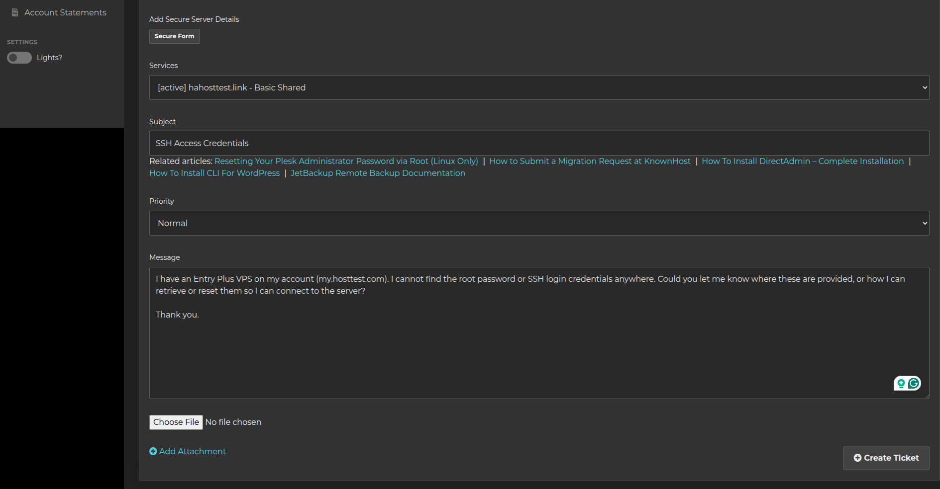 screenshot of Ticket support