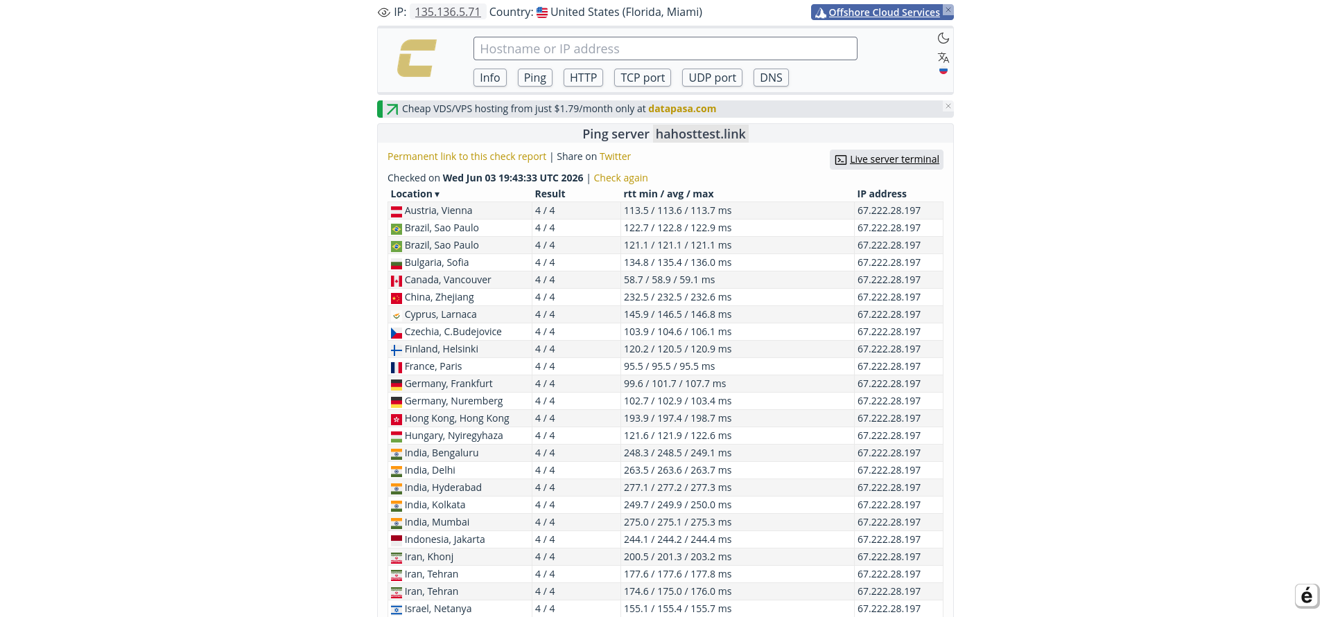screenshot of KnownHost Global Reach test results