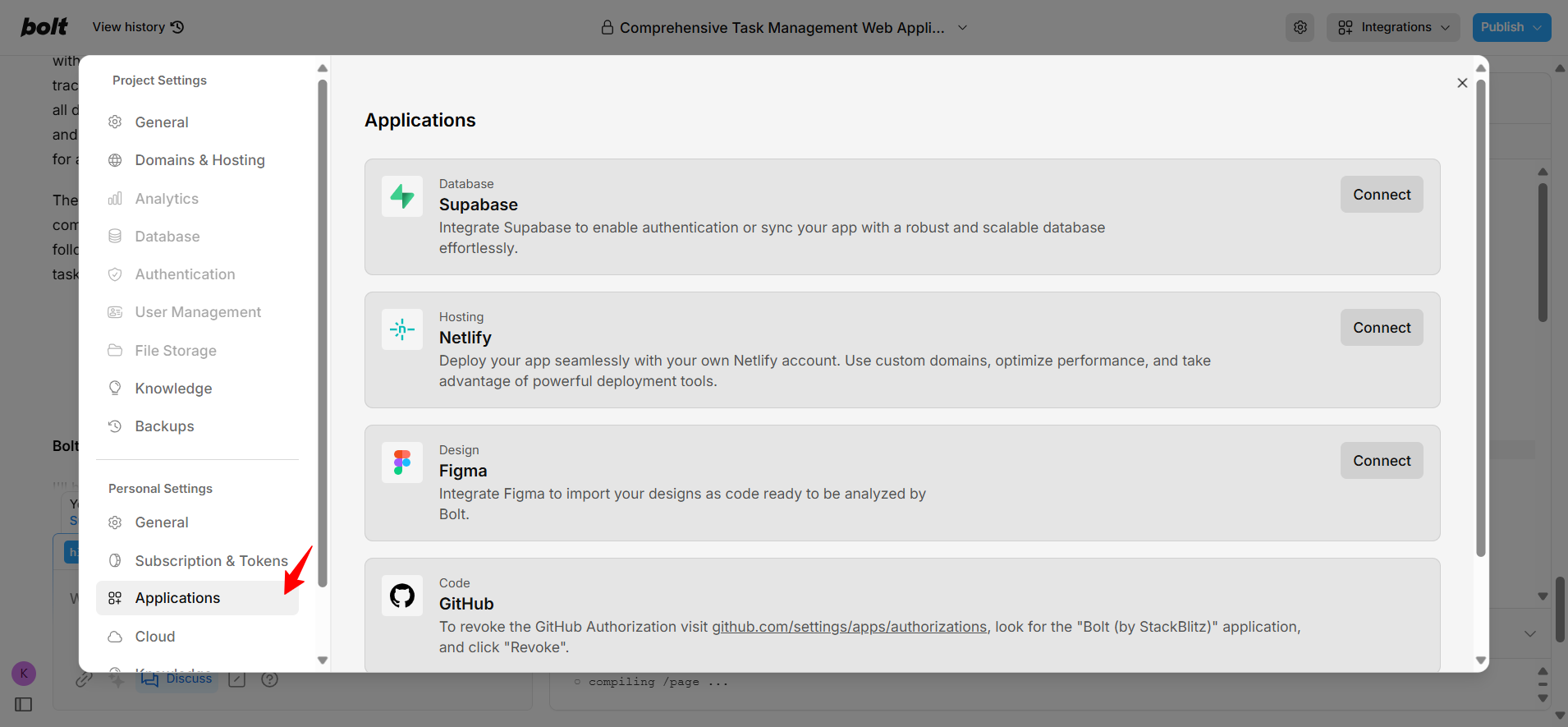 screenshot of Bolt Applications menu