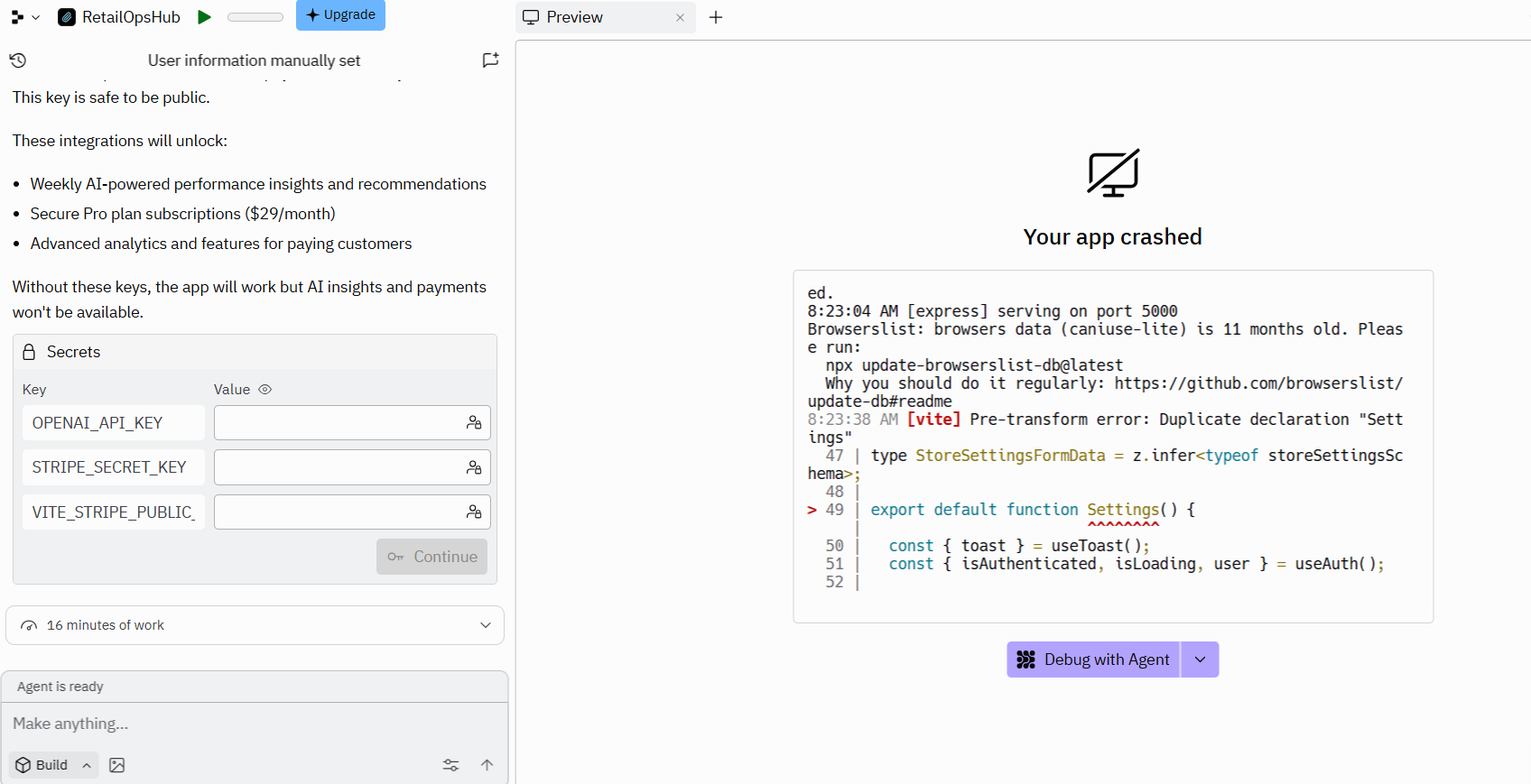 screenshot of Replit RetailHub console