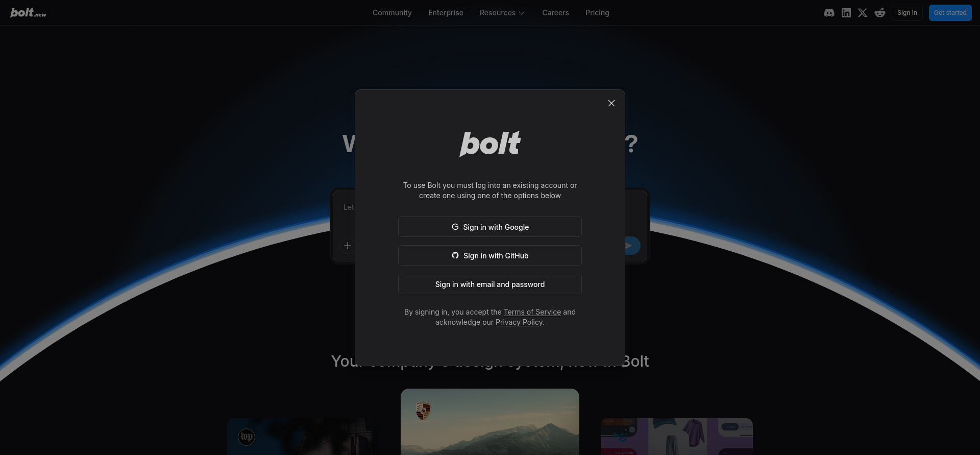 screenshot of Bolt Registration and Account Creation