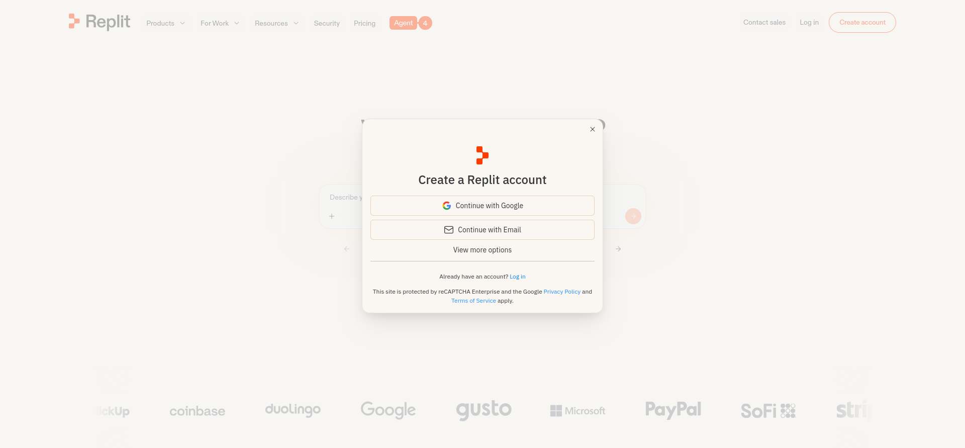 screenshot of Replit Registration and Account Creation