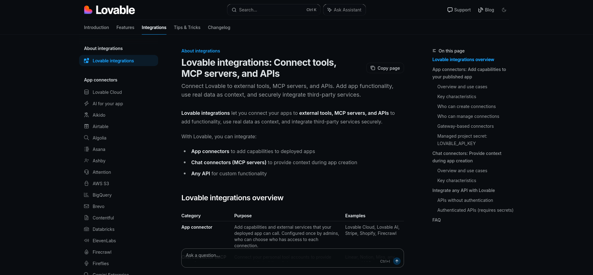 screenshot of Lovable Integrations