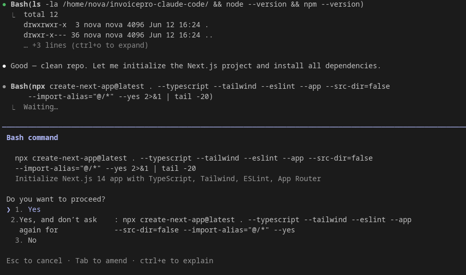 screenshot of Claude Code: InvoicePro Build