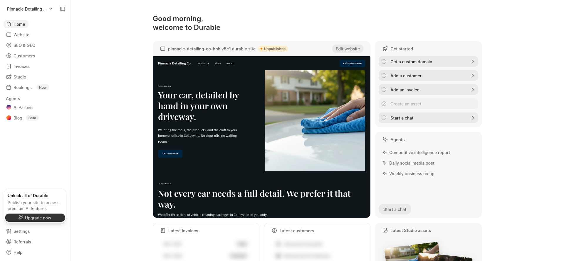 screenshot of Durable website