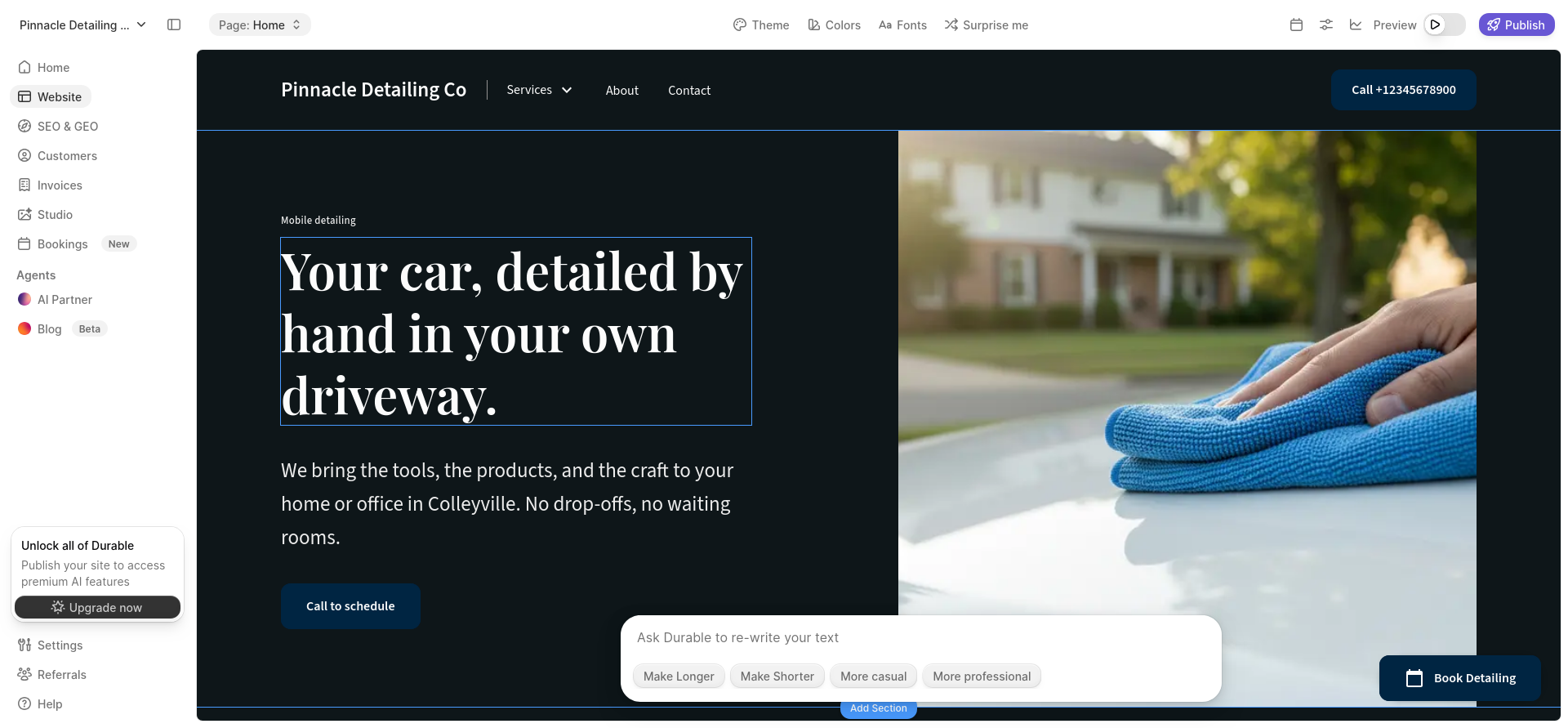 screenshot of Durable website editor