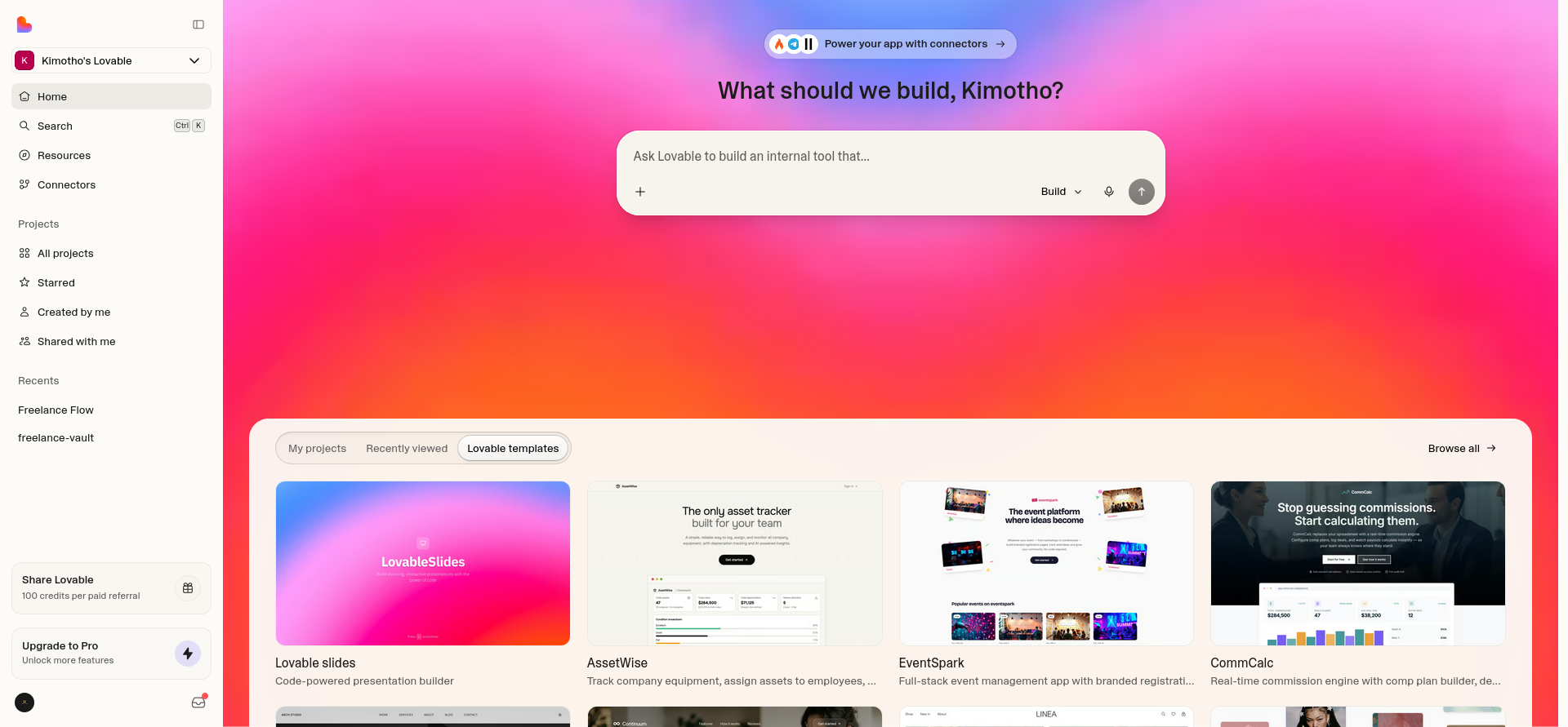 screenshot of Lovable Home page