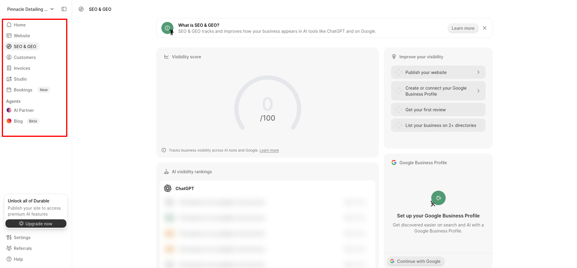 screenshot of Durable left sidebar