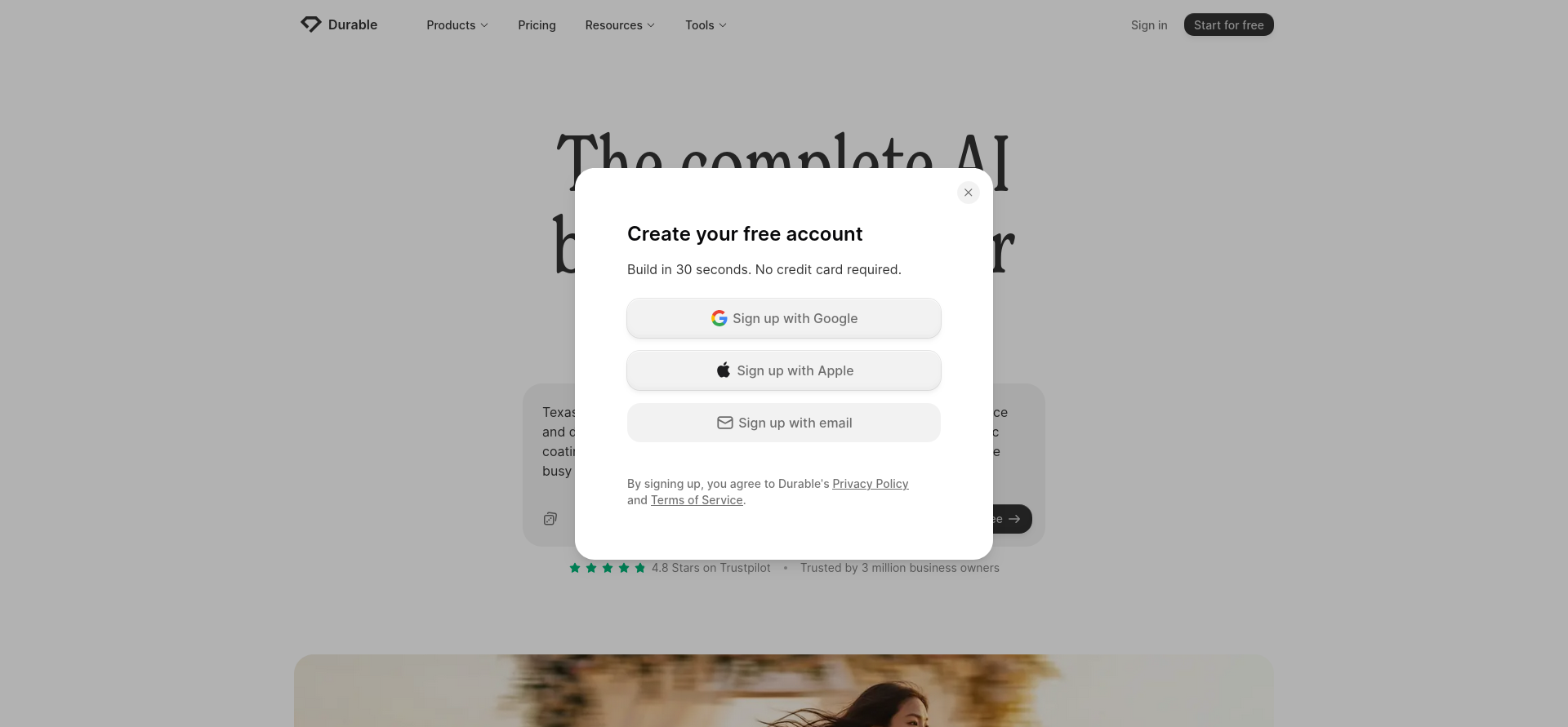 screenshot of Durable sign up window