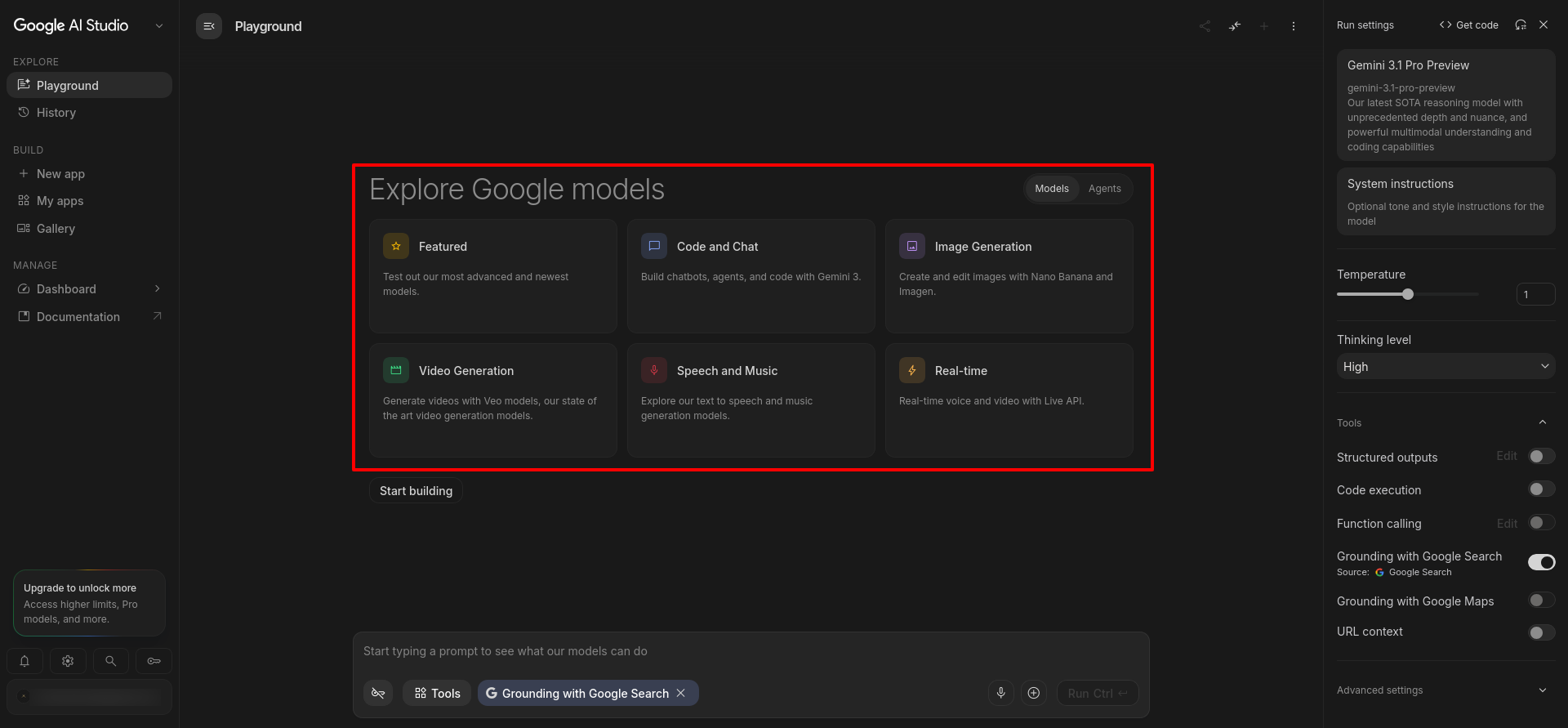 screenshot of Google AI Studio models list