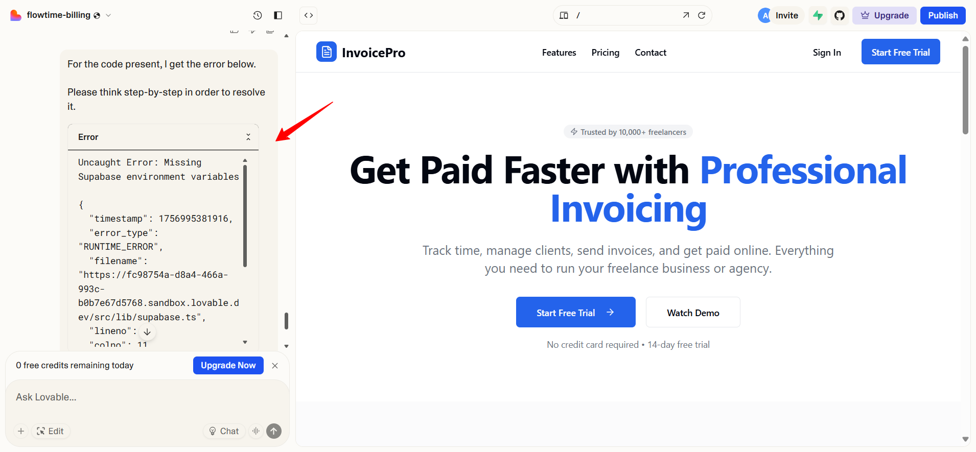 screenshot of Lovable: InvoicePro Build
