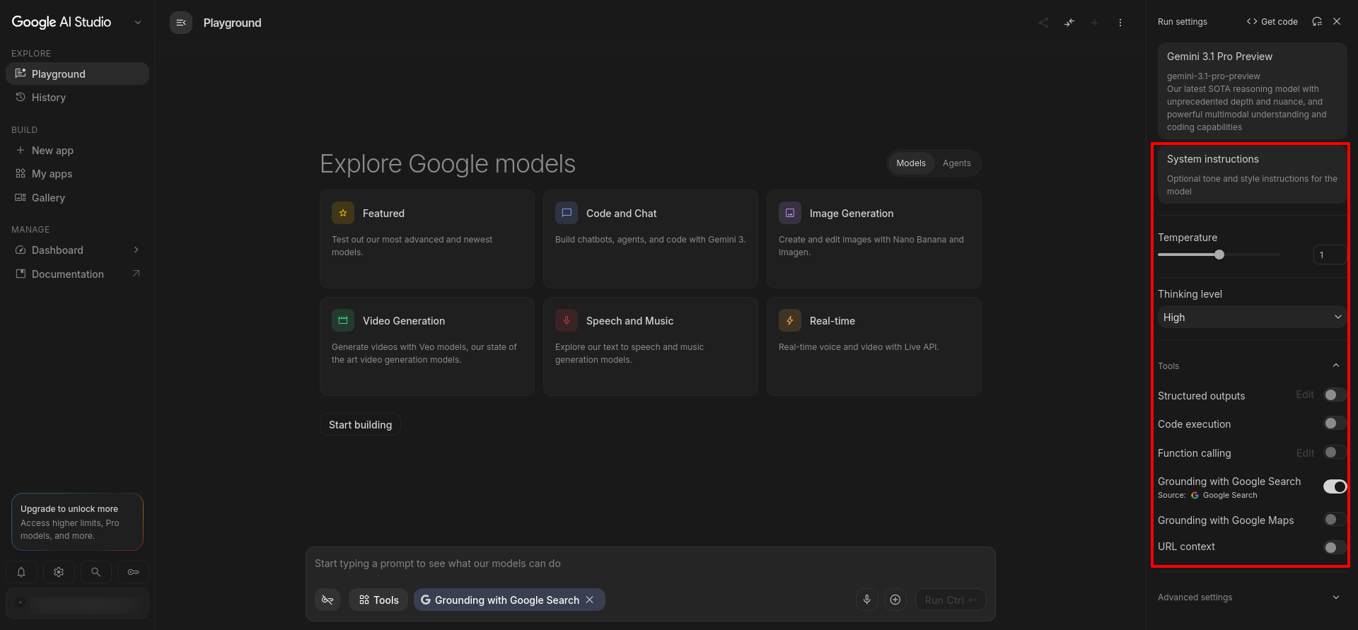 screenshot of Google AI Studio systems instructions