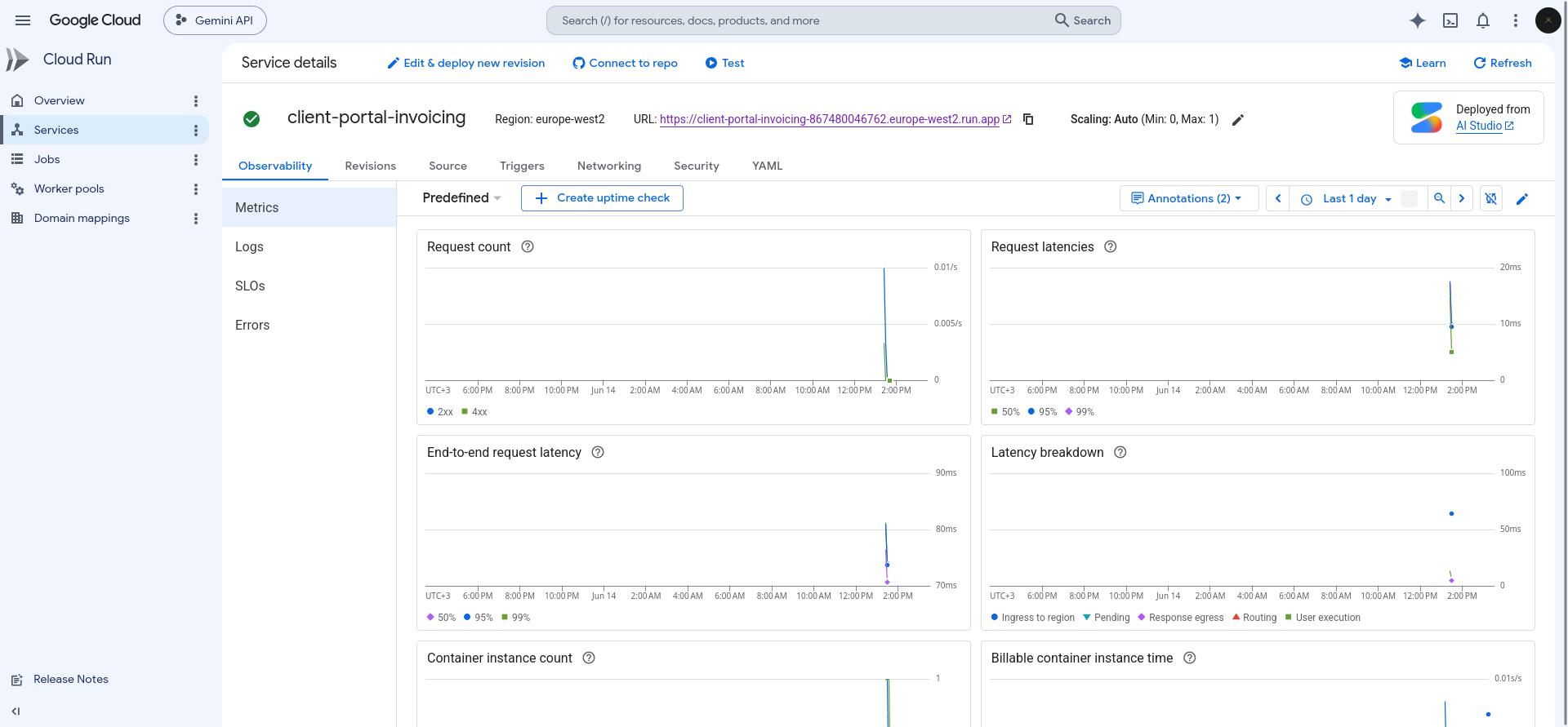 screenshot of Google Cloud Services tab