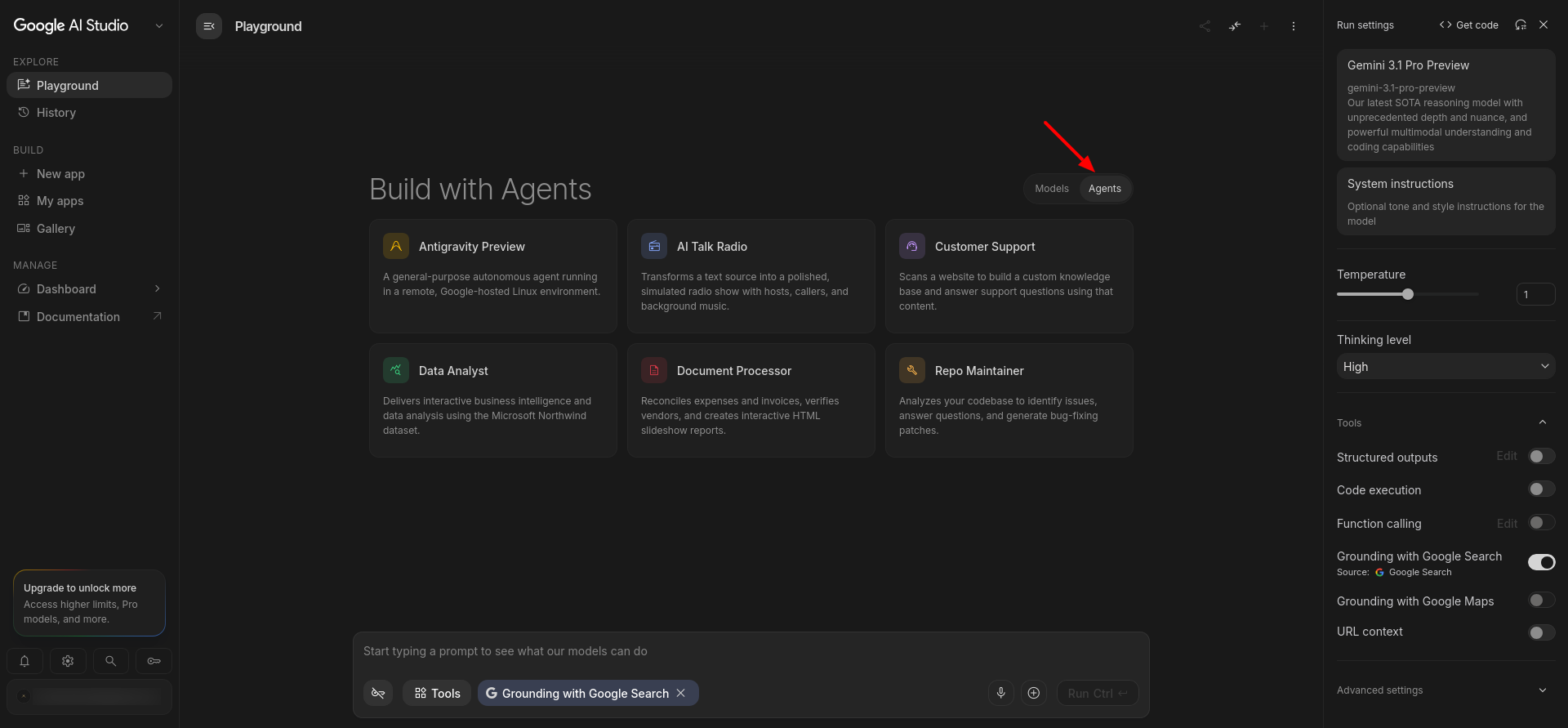 screenshot of Google AI Studio Agents button