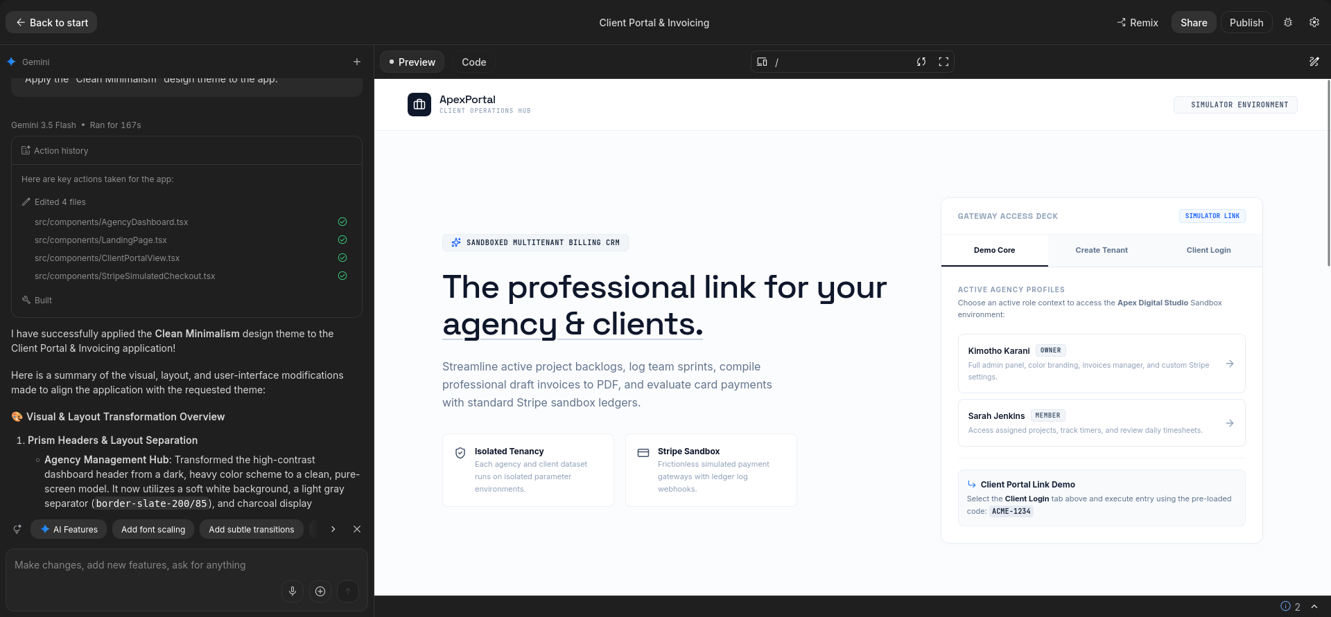 screenshot of Google AI Studio: InvoicePro Build
