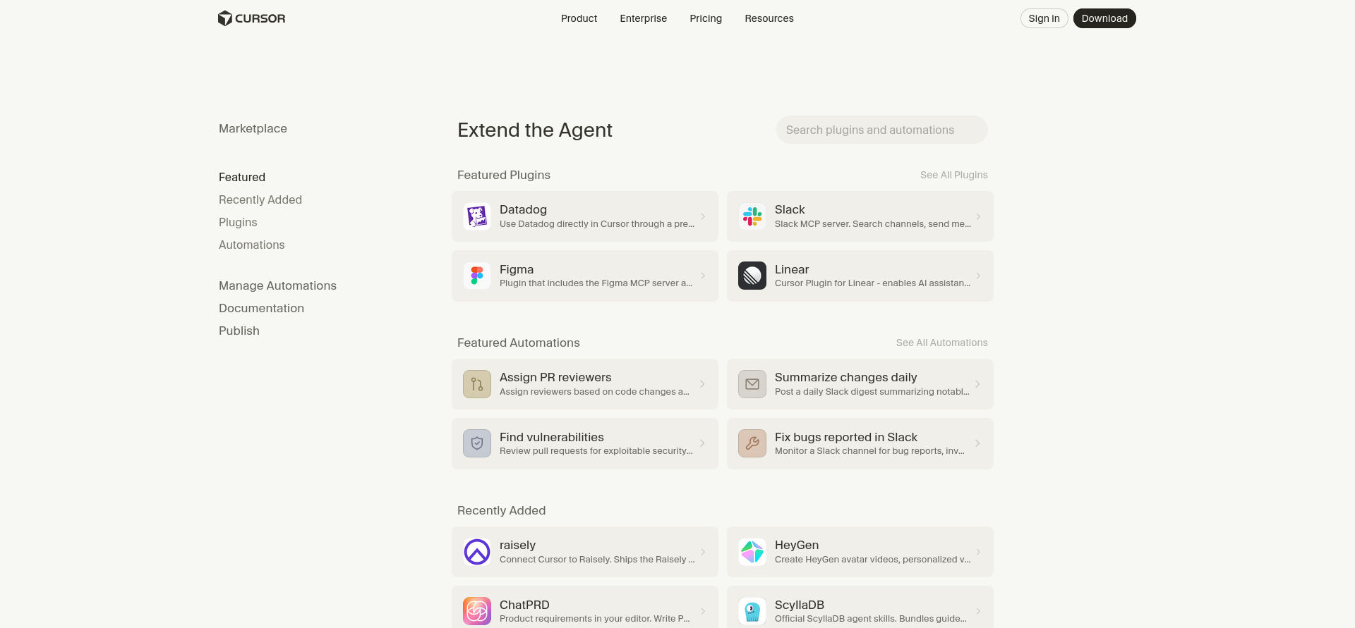 screenshot of Cursor 'Extend the Agent' menu