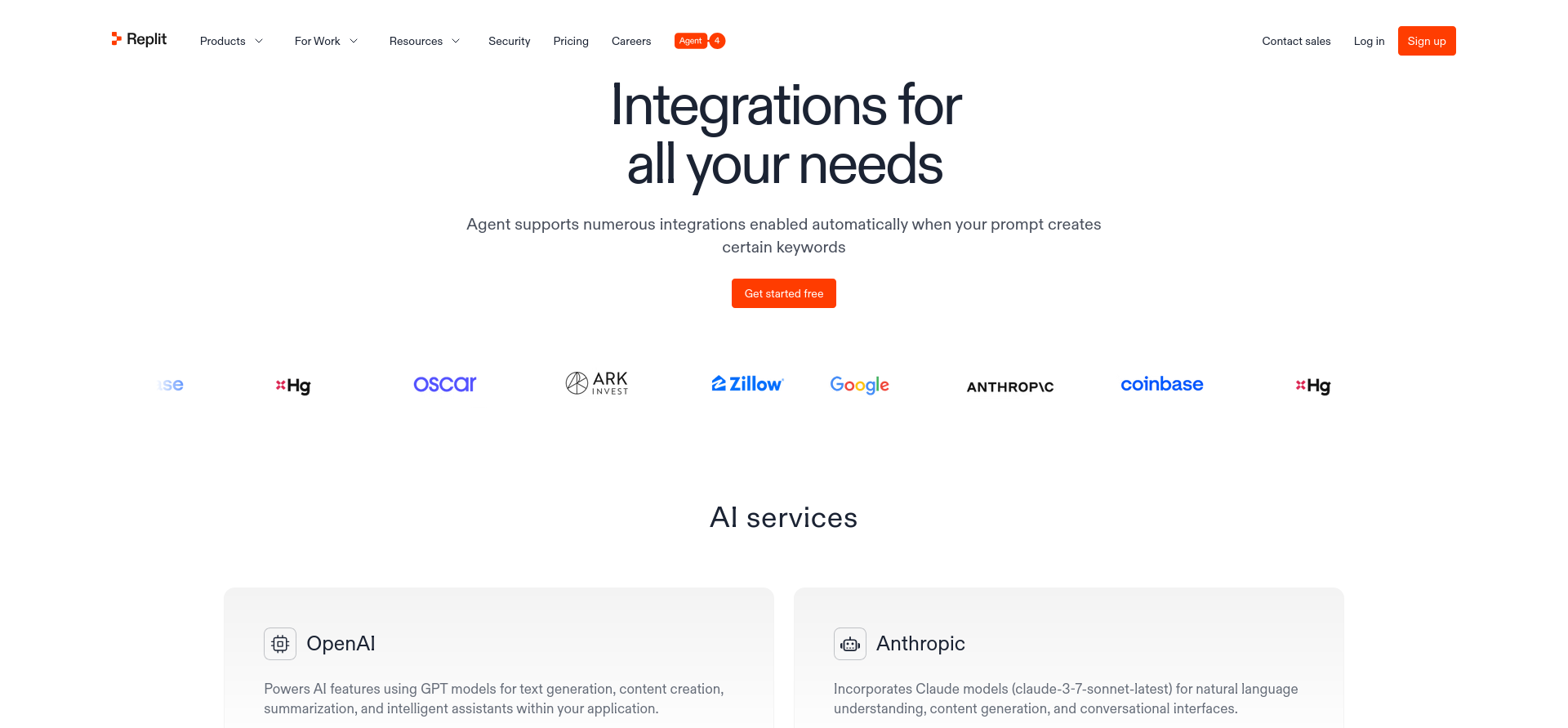 screenshot of Replit Integrations menu